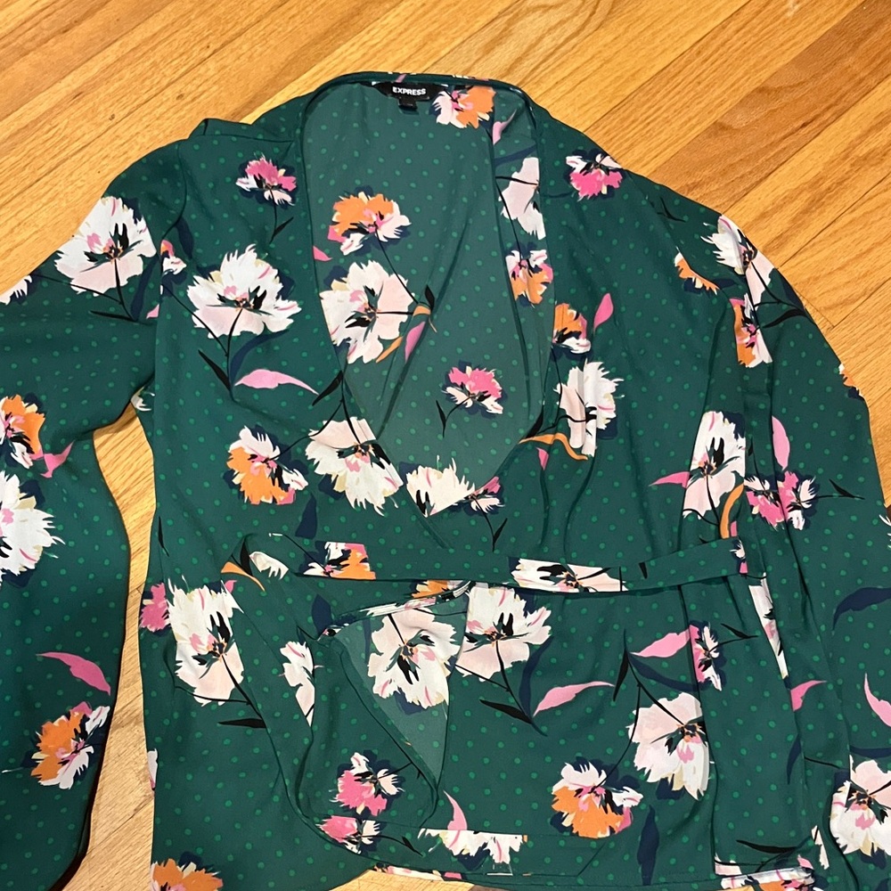 Express Green Floral Wrap Top